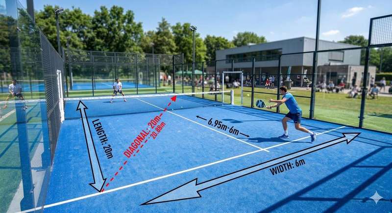 Court de padel en simple 20 x 6 m fabriqué par PeakPadel avec murs de fond en verre trempé